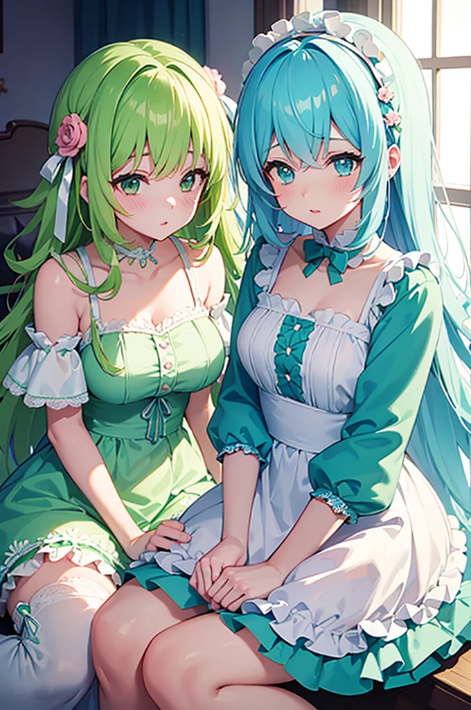 Young Hatsune Miku、girl、独奏、blush、(Huge breasts:1.4)、girl、Kindergarteners、、6 years old、、、smile、Striped panties、Long skirt、Long sleeve、colorful、Idol Costumes、Frills、Puffy short sleeves、Clothes are see-through、From below、Wet clothes、Transparent nipples、Sit with your legs apart、kiss