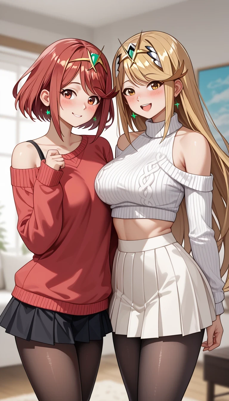 score_9, score_8_up, score_7_up, source_anime、top quality、8k、 masterpiece、ultra high definition、 natural light、perfect anatomy、 perfect eye、beautiful eyes、((((two women))))、medium breasts、saggy breasts:1.2、mythra, mythra has blonde very long hair, Pyra , Pyra has red short bob hair, (long sleeve rib knit sweater、off shoulder、tight skirt、pantyhose)、((is embarrassing:1.2、happy))、Midwinter Park、 stand and pose