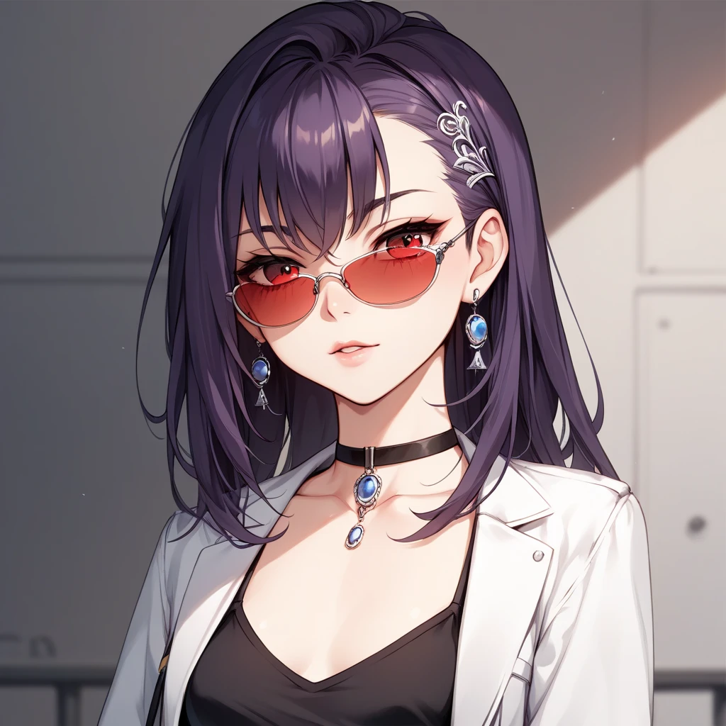 highres, highest quallity, illustration, ultra detailed, (detailed face), (detailed eyes), cinematic lighting, best quality, hyper detailed, masterpiece, fine lines, 1girl, solo, purple hair, purple eyes, black blazer, white shirt, black tie, jewellery, necklace, luminous eyes, medium breasts, light rays, (colorful), upper body, smug, outdoors, concrete wall, industrial