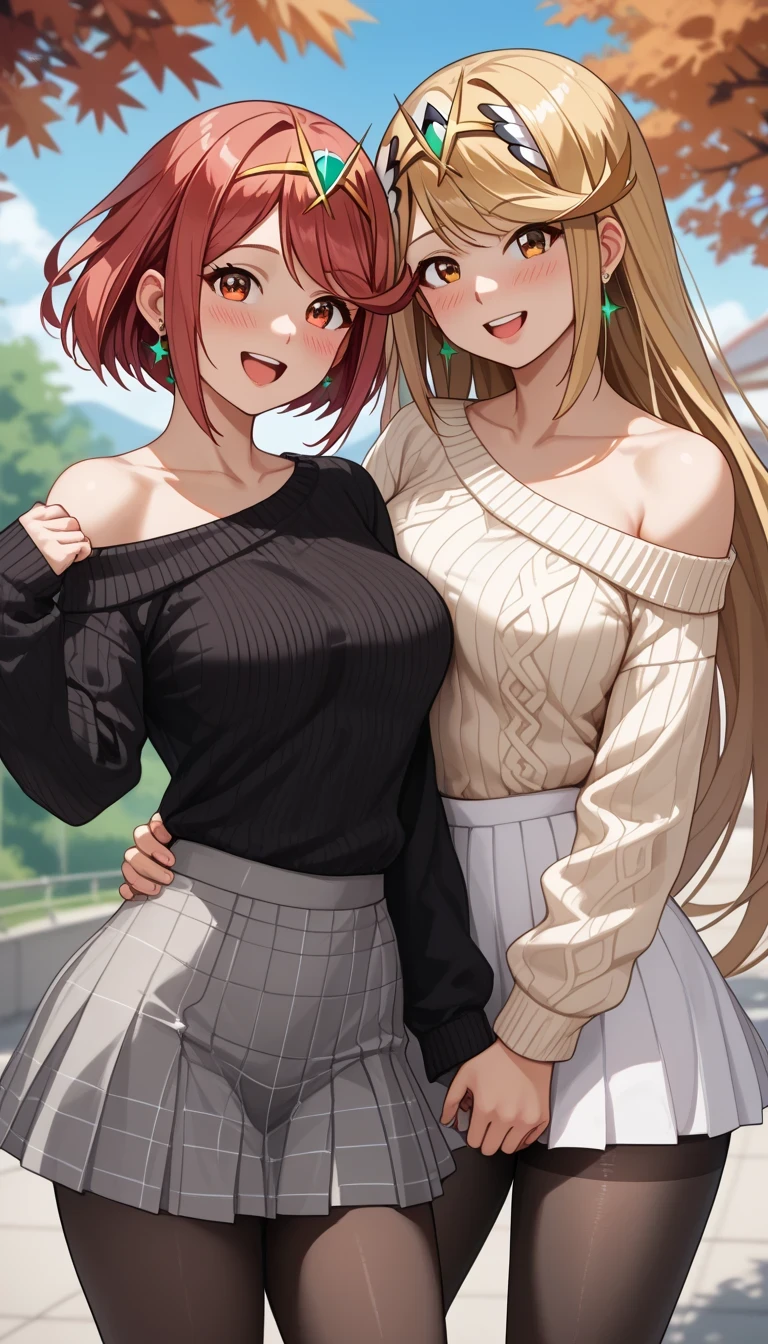 score_9, score_8_up, score_7_up, source_anime、top quality、8k、 masterpiece、ultra high definition、 natural light、perfect anatomy、 perfect eye、beautiful eyes、((((two women))))、medium breasts、saggy breasts:1.2、mythra, mythra has blonde very long hair, Pyra , Pyra has red short bob hair, (long sleeve rib knit sweater、off shoulder、tight skirt、pantyhose)、((is embarrassing:1.2、happy))、 autumn park、 stand and pose