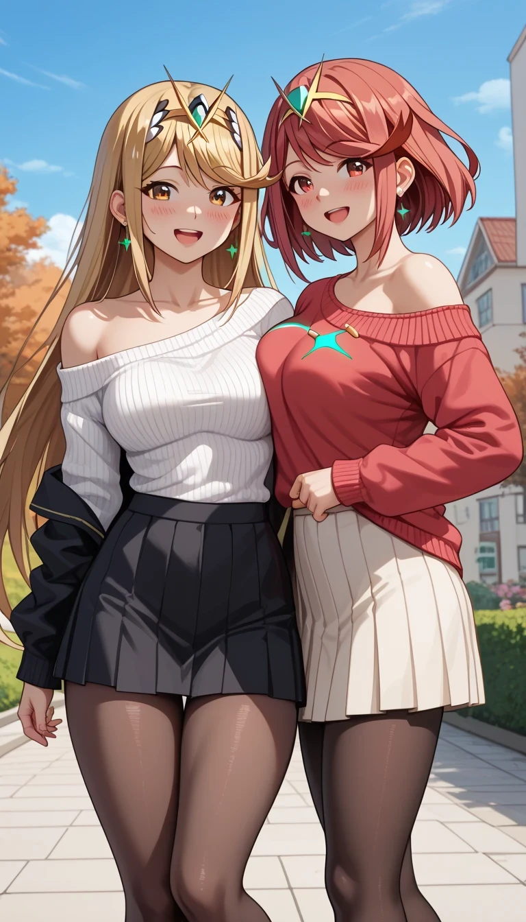 score_9, score_8_up, score_7_up, source_anime、top quality、8k、 masterpiece、ultra high definition、 natural light、perfect anatomy、 perfect eye、beautiful eyes、((((two women))))、medium breasts、saggy breasts:1.2、mythra, mythra has blonde very long hair, Pyra , Pyra has red short bob hair, (long sleeve rib knit sweater、off shoulder、tight skirt、pantyhose)、((is embarrassing:1.2、happy))、 autumn park、 stand and pose