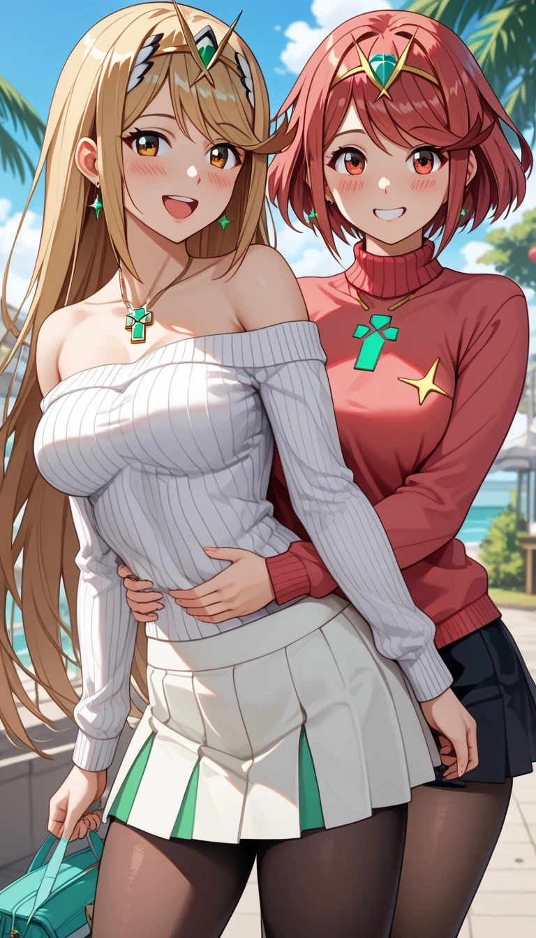 score_9, score_8_up, score_7_up, source_anime、top quality、8k、 masterpiece、ultra high definition、 natural light、perfect anatomy、 perfect eye、beautiful eyes、((((two women))))、medium breasts、saggy breasts:1.2、mythra, mythra has blonde very long hair, Pyra , Pyra has red short bob hair, (long sleeve rib knit sweater、off shoulder、tight skirt、pantyhose)、((is embarrassing:1.2、happy))、 autumn park、 stand and pose