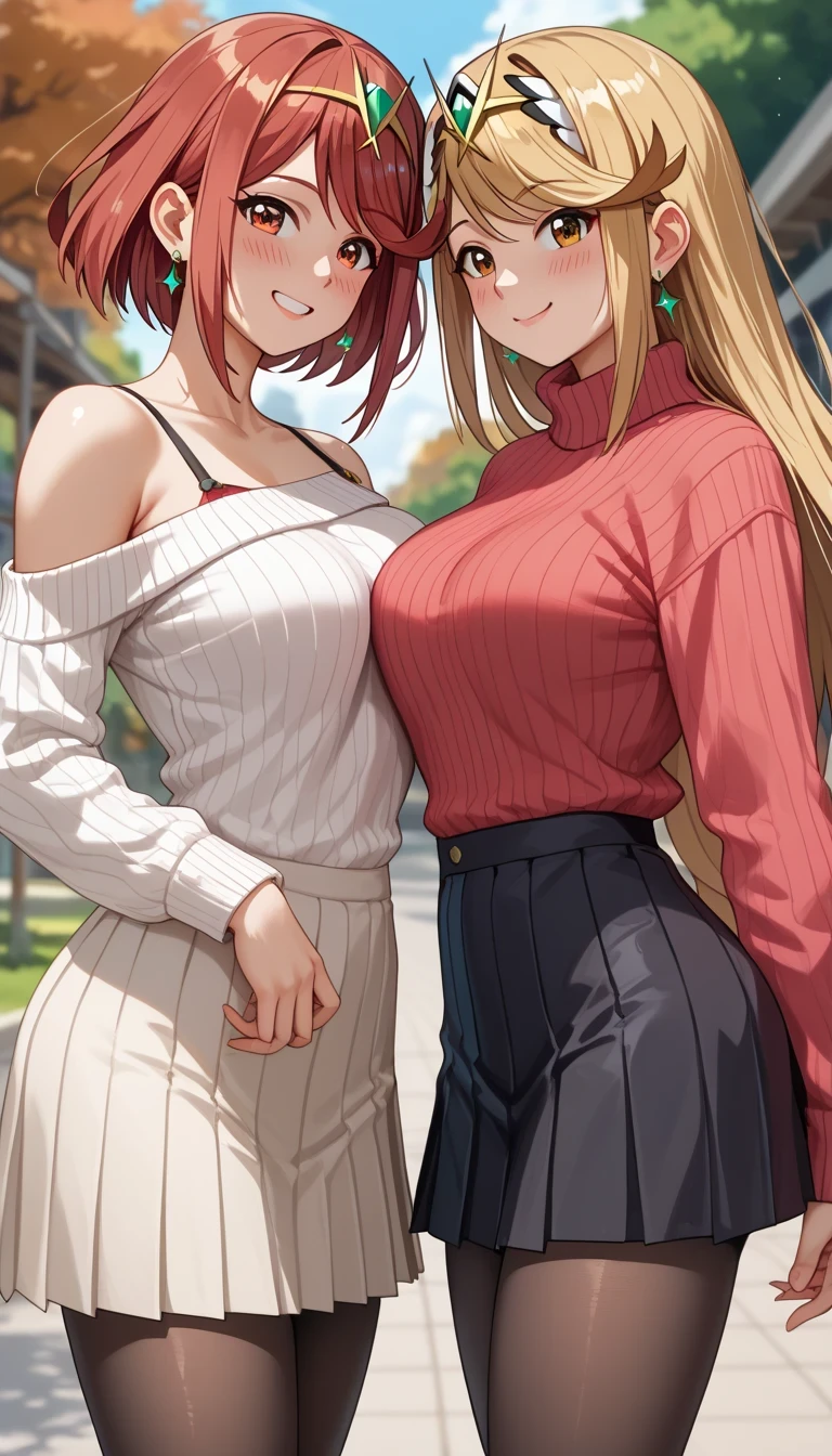 score_9, score_8_up, score_7_up, source_anime、top quality、8k、 masterpiece、ultra high definition、 natural light、perfect anatomy、 perfect eye、beautiful eyes、((((two women))))、medium breasts、saggy breasts:1.2、mythra, mythra has blonde very long hair, Pyra , Pyra has red short bob hair, (long sleeve rib knit sweater、off shoulder、tight skirt、pantyhose)、((is embarrassing:1.2、happy))、 autumn park、 stand and pose