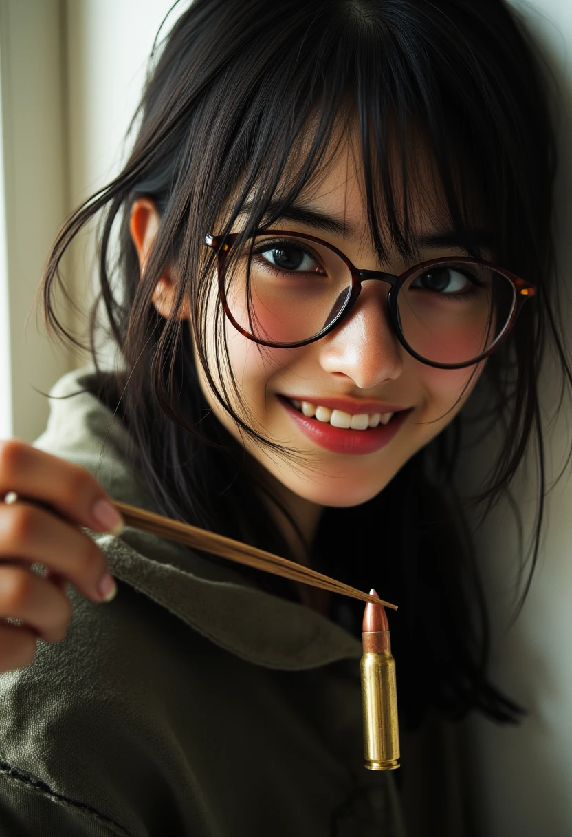 ((best quality)), ((傑best quality、masterpiece、High sensitivity、high resolution、detailed description、depiction of a delicate face)),（Slender Woman、wearing glasses、)The pistol bullet that flew right in front of me、Grab it with disposable chopsticks、Grinning、