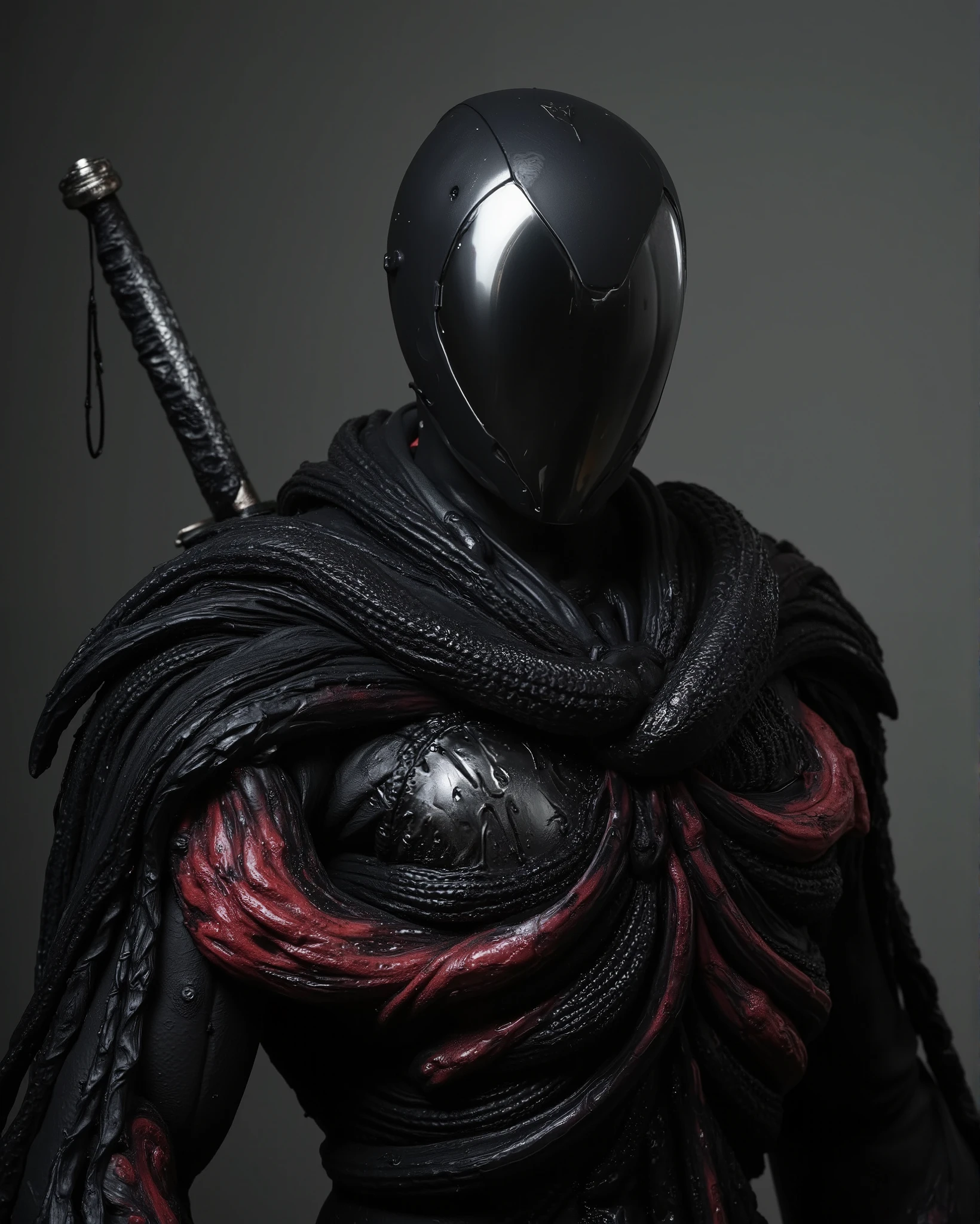 arafed man in a black battlesuit holding a sword and featureless full face mirror mask, inspired by Kanō Hōgai, cthulhu samurai, amazing 8k character concept art, cyberpunk samurai, very beautiful cyberpunk samurai, portrait of ninja slayer, cyborg ninja, wrapped in  tentacles, [tentacles::shiny black tentacles with reflections of an infected and putrid red], inspired by Kanō Sanraku, hq 4k wallpaper