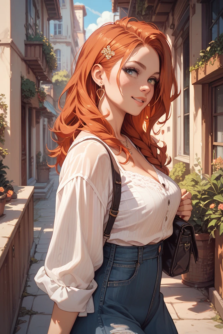 best quality, ultra-detailed, photorealistic: 1.39) masterpiece, best quality, Beautiful trees, flowers and roses, red hair, shy smile, making a shy expression, hairstyle, on the road, puffy clothes