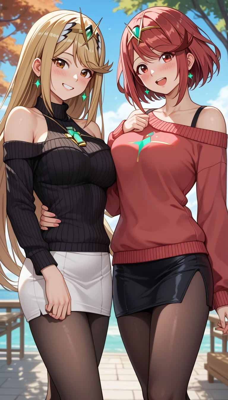 score_9, score_8_up, score_7_up, source_anime、top quality、8k、 masterpiece、ultra high definition、 natural light、perfect anatomy、 perfect eye、beautiful eyes、((((two women))))、medium breasts、saggy breasts:1.2、mythra, mythra has blonde very long hair, Pyra , Pyra has red short bob hair, (long sleeve rib knit sweater、off shoulder、pencil skirt、pantyhose)、((is embarrassing:1.2、happy))、 autumn park、 stand and pose