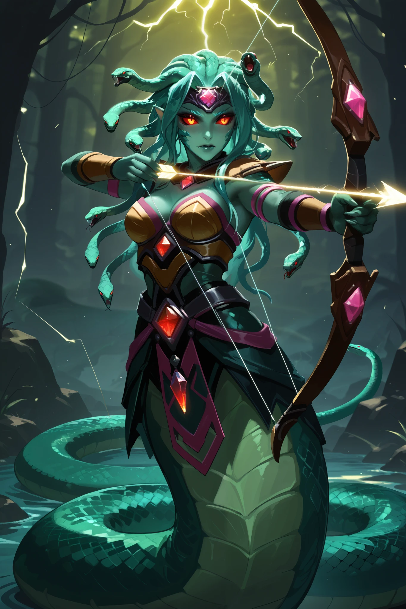 Medusa \(DOTA 2\), 1girl, breasts, green skin, colored skin, red eyes, colored sclera, glowing, snake, snake hair, scales, monster girl, lamia, fangs, jewelry, gem, drawing bow (weapon), aiming at viwer, arrow (projectile), bow (weapon), holding bow (weapon), aiming, the arrows should be glowing in yellow lightning, lthndrtrl, masterpiece, best quality, amazing quality, very aesthetic, absurdres, newest, highly detailed, high-resolution