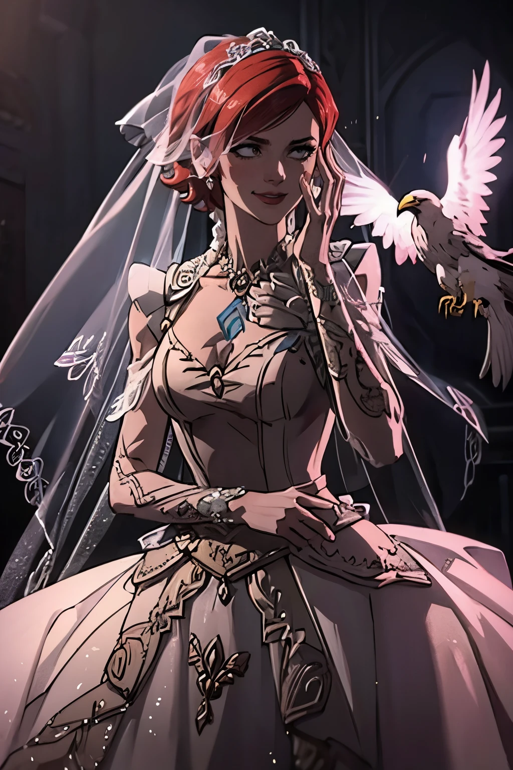 Lilith from Borderlands as a bride, wearing a backless, floor-length, long-sleeve ruffled tulle wedding dress in pure white. A delicate bridal veil covers her face, adding elegance and mystery. A hawk-shaped tattoo is visible on her back, just below her neck. Her right hand glows with fiery Siren powers, while her left hand holds a bouquet of vibrant flowers. She has a confident, winking smirk, her red hair styled in soft waves. The setting is softly lit, blending ethereal beauty with her bold personality