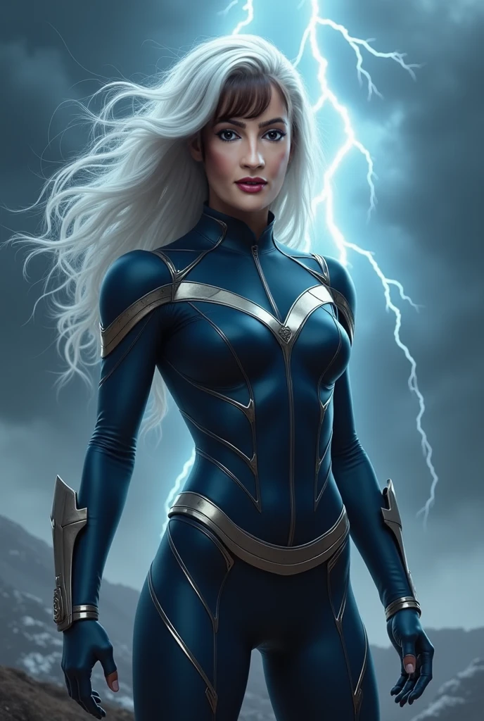 (((Deepika Padukone as Storm from X-Men))), (wearing sexy Storm dress), (hyper realistic:1.4), (realistic:1.3), (best quality real texture skin), muscular girl, (wavy long white hair), (Use flashy lightning magic:1.4), (Dramatic Light),1Beautiful woman, ((sexy)), ((nippin)), ((camel toe)), Lightning is in your hands, thunder in the background, lightning armor, detailed face, All white hair, white eyes, glowing light eyes, superhero pose, Fujifilm X-T3, 1/1250sec at f/2.8, ISO 160, 84mm, cinematic lighting
