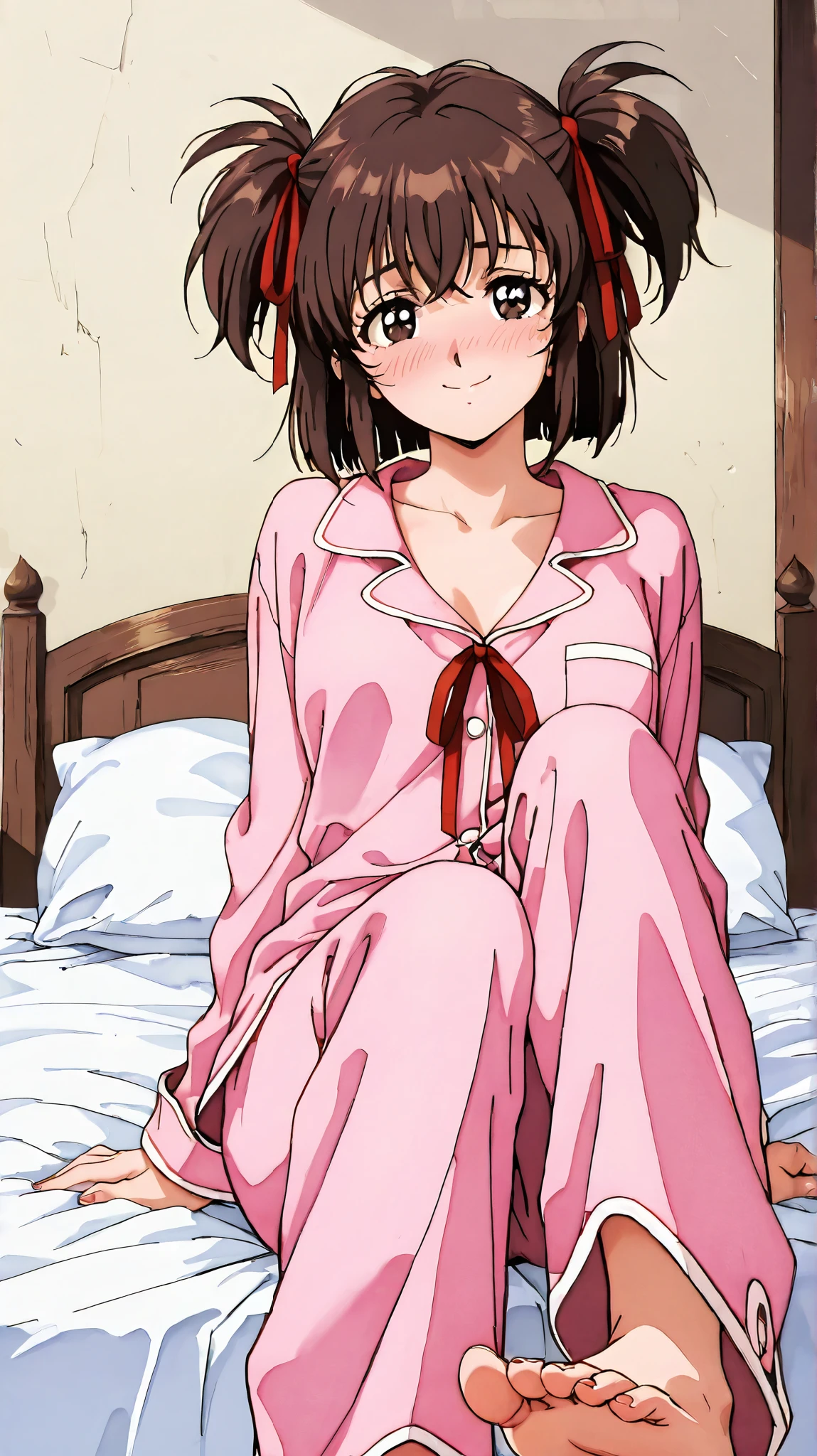 kayo,dark brown eyes,dark brown hair,two side hair,shoulder-length short hair,hair tied thin red ribbons,,tareme,labiomental sulcus,masterpiece,best quality,amazing quality,ultra detailed, very aesthetic,highres, beautiful detailed hair, beautiful detailed eyes, beautiful detailed face,beautiful,super detailed skin, perfect anatomy,score_9, score_8_up, score_7_up, source_anime,retro art style,[[realistic]],embarrassed,smile,sitting on a bed,pajamas,whole body,barefoot