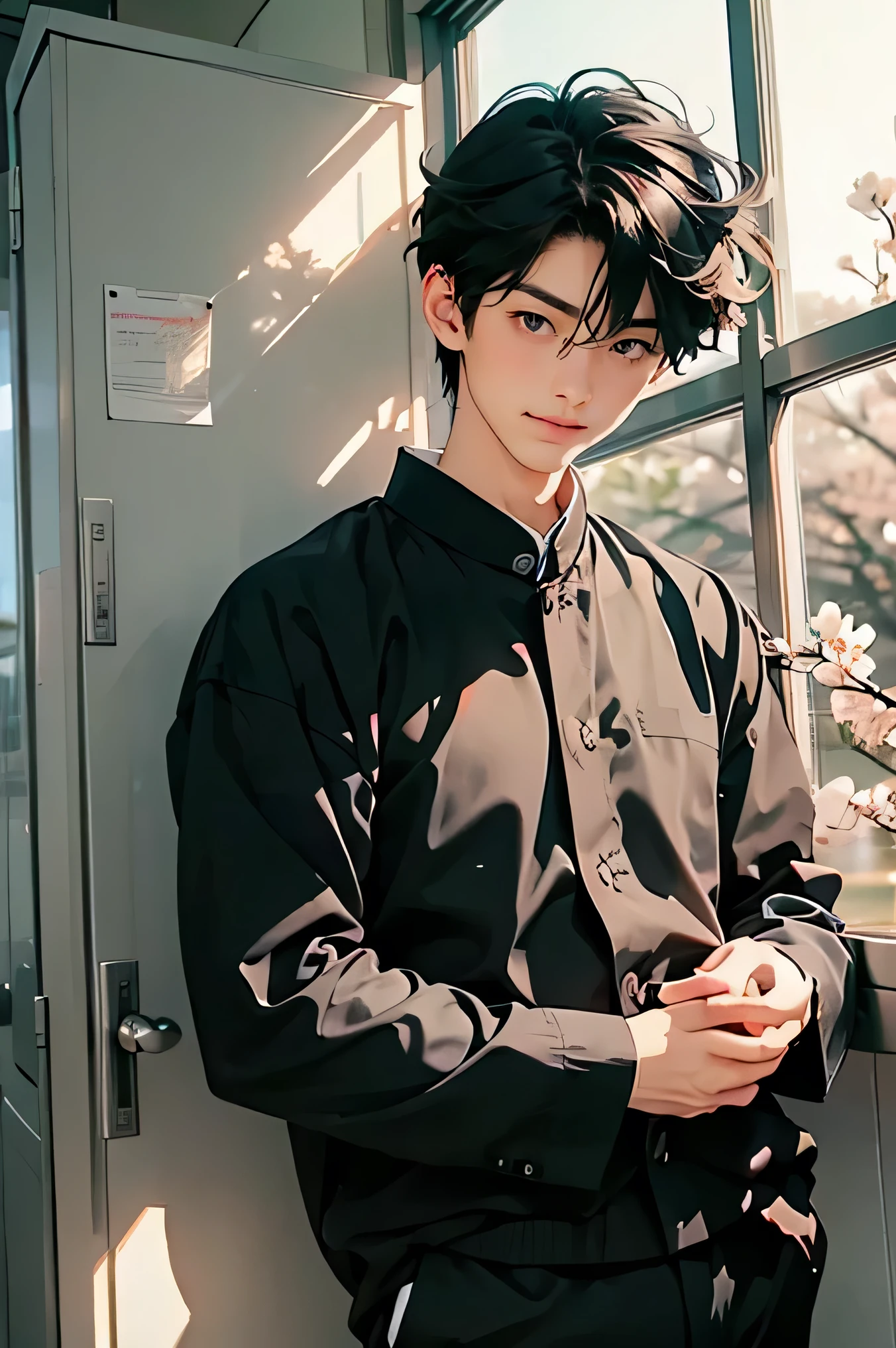 Two Japanese men handsome smile Black school run Cherry blossoms bloom outside the window two stand side by side Black school runを着た二人 The upper body is a black long-sleeved dress white brief In the middle of taking off pants Black school run changing clothes changing room glass locker room Cherry blossoms bloom outside the window