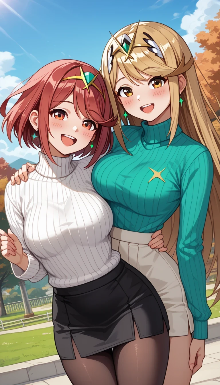 score_9, score_8_up, score_7_up, source_anime、top quality、8k、 masterpiece、ultra high definition、 natural light、perfect anatomy、 perfect eye、beautiful eyes、((((two women))))、medium breasts、saggy breasts:1.2、mythra, mythra has blonde very long hair, Pyra , Pyra has red short bob hair, (long sleeve rib knit sweater、turtleneck、pencil skirt、pantyhose)、((is embarrassing:1.2、happy))、 autumn park、 stand and pose