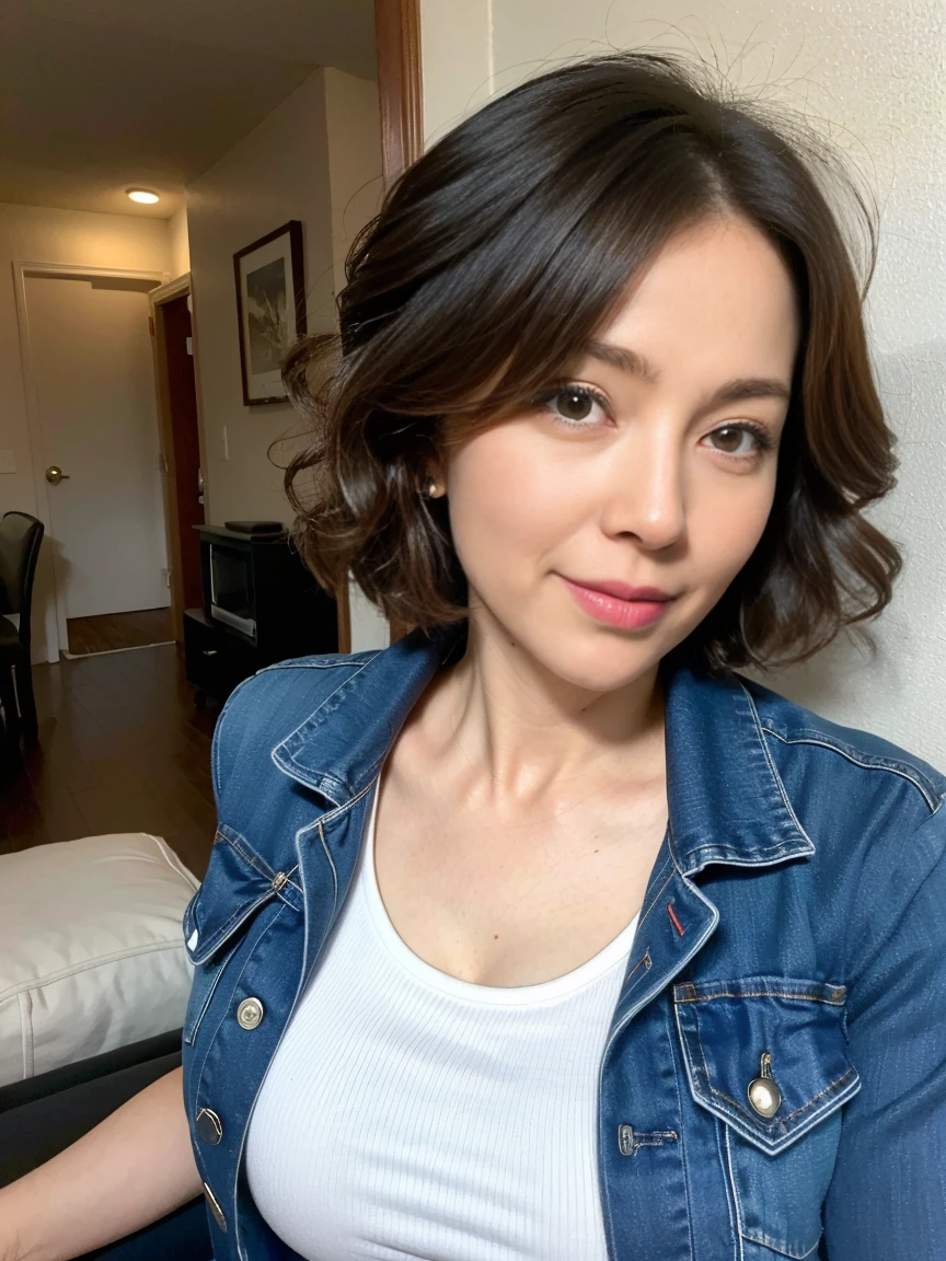 (selfie) pecho abultado, Selfie, (highest qualityr、8K、obra maestra:1.2) (tetas grandes), abrigo, ropa de piel, camisa de lana mujer , Refugio abrigo de piel, anorak, pecho amplio, 26 years old Japanese, delgada, aptitud, realista