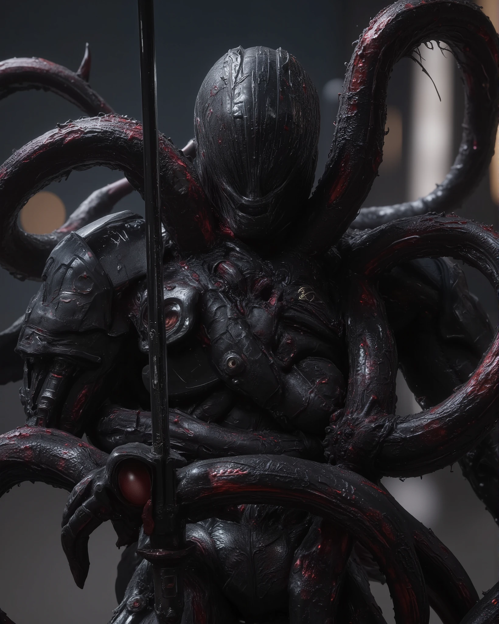 arafed man in a black battlesuit holding a sword and featureless full face mirror mask, inspired by Kanō Hōgai, cthulhu samurai, amazing 8k character concept art, cyberpunk samurai, very beautiful cyberpunk samurai, portrait of ninja slayer, cyborg ninja, wrapped in  tentacles, [tentacles::shiny black tentacles with reflections of an infected and putrid red], inspired by Kanō Sanraku, hq 4k wallpaper