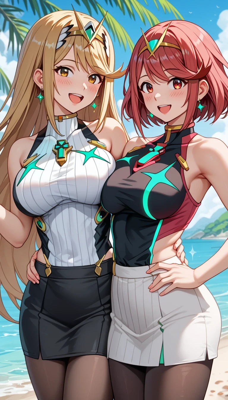 (Masterpiece, Best Quality, 4k), two women, fjorm & laegjarn, beach, sunny day, fjorm=(white swim suit, white bikini, white hair, blue eyes, big breast, large hips, smile, beatiful girl, enormeus breast, cape, tan, muscle, muscle woman, tomboy, fang, big smile, hands on hips, rubor), Laegjarn=(black swim suit, black bikini, tan girl, black skin, green hair, horns, green eyes, big breast, large hips, smile, beatiful girl, enormeus breast, cape, tan, muscle, muscle woman, tomboy, fang, big smile, hands on hips, rubor),