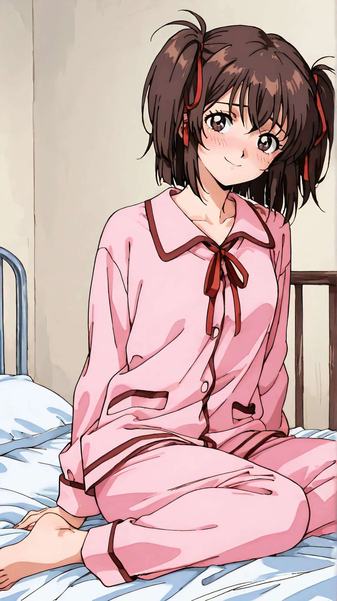 kayo,dark brown eyes,dark brown hair,two side hair,shoulder-length short hair,hair tied thin red ribbons,,tareme,labiomental sulcus,masterpiece,best quality,amazing quality,ultra detailed, very aesthetic,highres, beautiful detailed hair, beautiful detailed eyes, beautiful detailed face,beautiful,super detailed skin, perfect anatomy,score_9, score_8_up, score_7_up, source_anime,retro art style,[[realistic]],embarrassed,smile,sitting on a bed,pajamas,whole body,barefoot