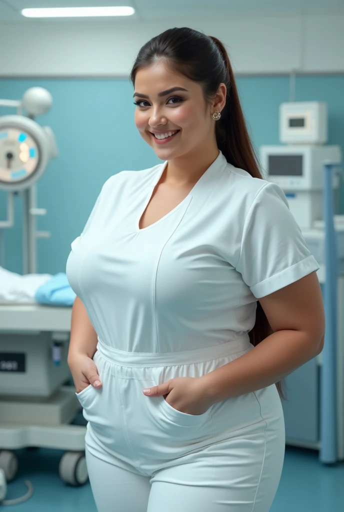 Nurse, extremely big ass, extremely wide hips, massive butt, thicc, titanic thighs, grey hair, white spandex, Caucasian, tall woman, Pawg woman, biggest butt, widest hips, thickest thighs, pear shaped, hands in hips, triumphant pose, facing front