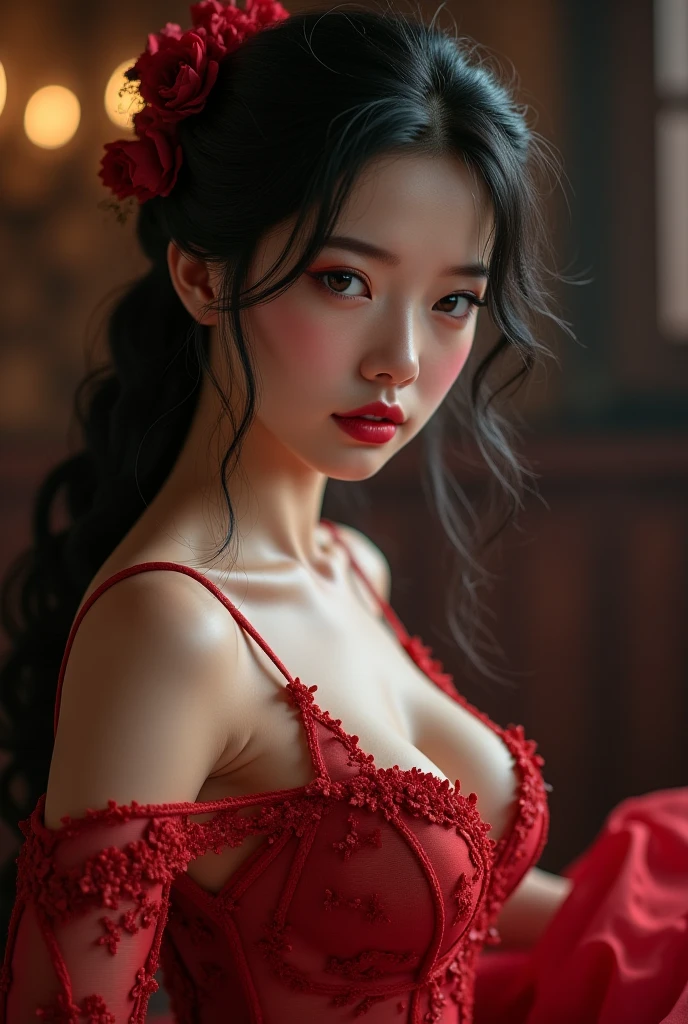 A sexy woman in a Chinese Tang Dynasty palace dress, with breasts gathered together, super sexy, super huge breasts squeeze out cleavage, breasts are full and erect, Tang suit style breasts, character portrait, upper body close-up, high quality portrait, fantasy concept art portrait, detailed beautiful portrait, dark, chiaroscuro, low key,