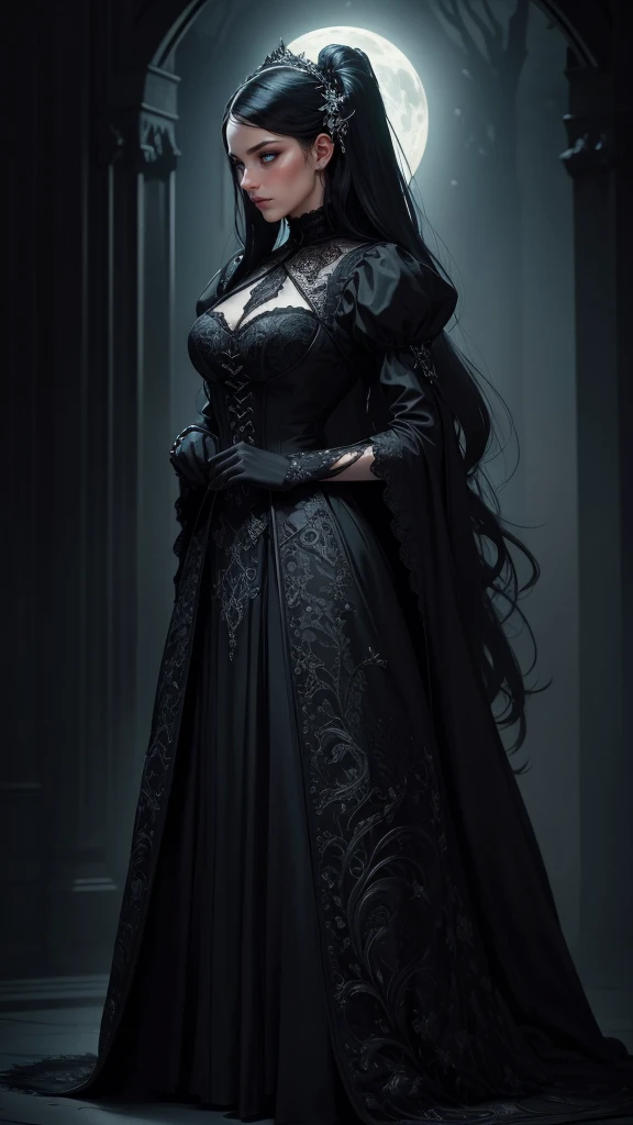 (masterpiece, best quality:1.4), (dark castle background), (full body), (wide shot), (front shot), 1girl, solo, (european youth:1), GothicPunkAI dress on woman, black hair, ligh blue eyes, beautiful face, highly detailed face, highly detailed skin, skin pores, subsurface scattering, realistic pupils, medium breast, full face blush, full lips, detailed background, depth of field, volumetric lighting, sharp focus, absurdres, realistic proportions, good anatomy, (realistic, hyperrealistic:1.4), 16k hdr,