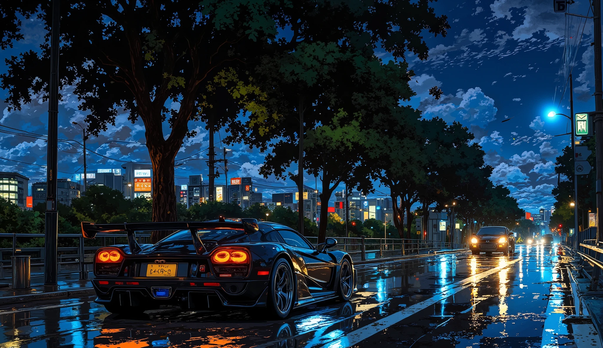 A jet-black Koenigsegg Jesko Absolut with electric blue underglow streaks through Tokyo’s Wangan Highway at midnight, weaving through light traffic at blistering speeds. The neon reflections from the city skyline dance along its sculpted carbon fiber body as it accelerates past 320 km/h (200 mph). The camera captures a side profile shot, showcasing the Jesko’s active aerodynamics adjusting in real-time. As the car approaches the Rainbow Bridge, it hits full throttle, the sound of its twin-turbo V8 screaming through the tunnels. A Nissan GT-R and a tuned Supra attempt to keep up, but within seconds, the Jesko vanishes into the city’s glowing horizon, leaving behind only taillight streaks and the distant howl of its engine.