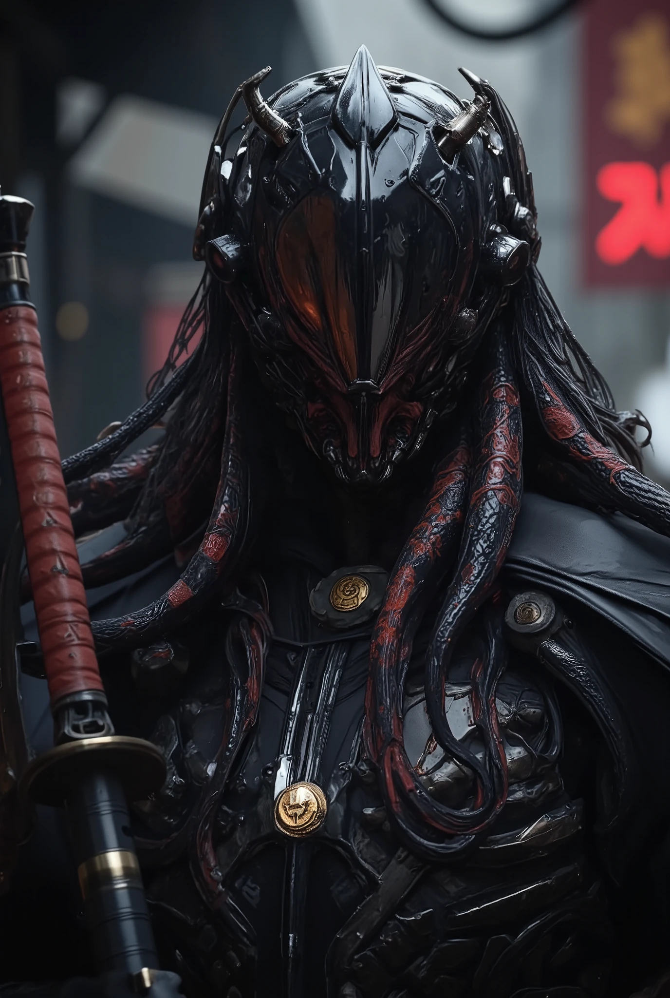 arafed man in a black battlesuit holding a sword and featureless full face mirror mask, inspired by Kanō Hōgai, cthulhu samurai, amazing 8k character concept art, cyberpunk samurai, very beautiful cyberpunk samurai, portrait of ninja slayer, cyborg ninja, wrapped in  tentacles, [tentacles::shiny black tentacles with reflections of an infected and putrid red], inspired by Kanō Sanraku, hq 4k wallpaper