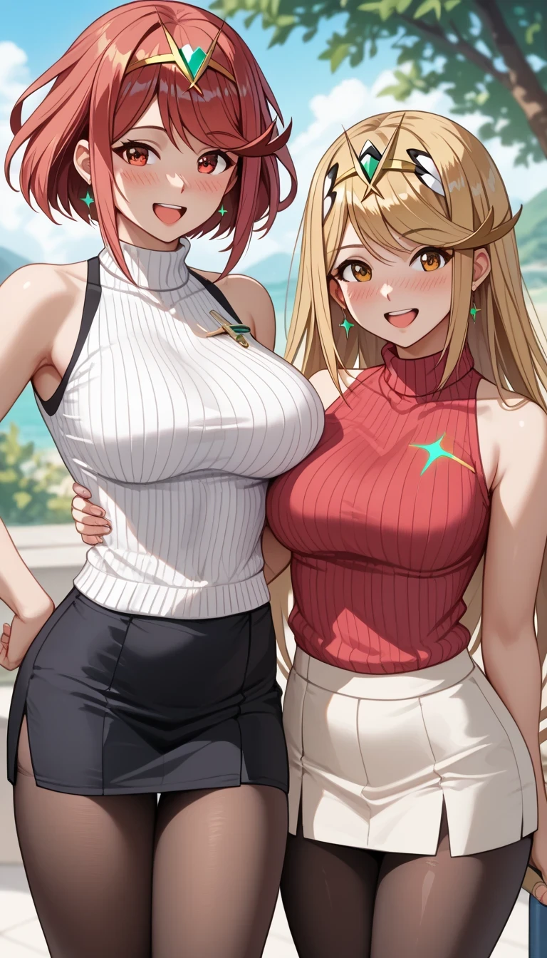 score_9, score_8_up, score_7_up, source_anime、top quality、8k、 masterpiece、ultra high definition、 natural light、perfect anatomy、 perfect eye、beautiful eyes、((((two women))))、medium chest、saggy breasts:1.2、mythra, mythra has blonde very long hair, Pyra , Pyra has red short bob hair, (sleeveless rib knit sweater、 high neck、pencil skirt、pantyhose)、((is embarrassing:1.2、happy))、Summer Park、 stand and pose