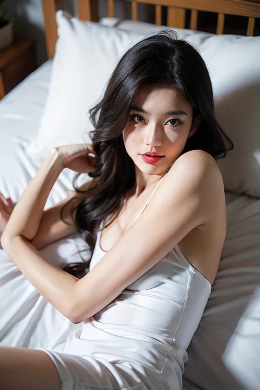 (Masterpiece:1.3), (8K, Photorealistic, Raw photography, Best Quality:1.4), ((1girl)), laying in bed with white pants, Beautiful face, Realistic face, Beautiful hairstyle, Realistic eyes, Beautiful, Realistic skin, Beautiful skin