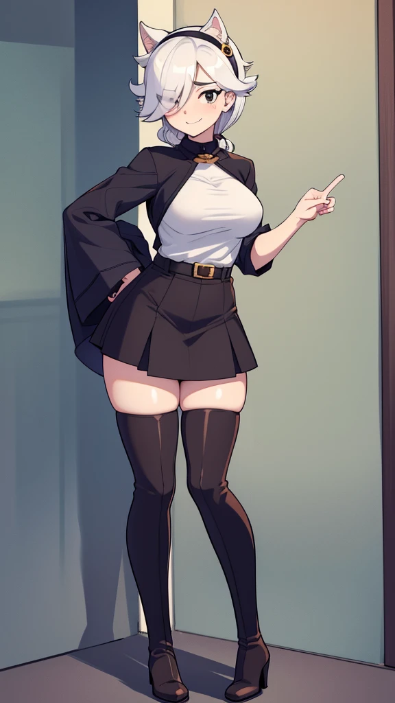 milf, black curly hair, curvy, pale skin with freckles, white button down shirt, fitted black skirt, heels, socks, worried face, blushing cheeks, stage inside elevator