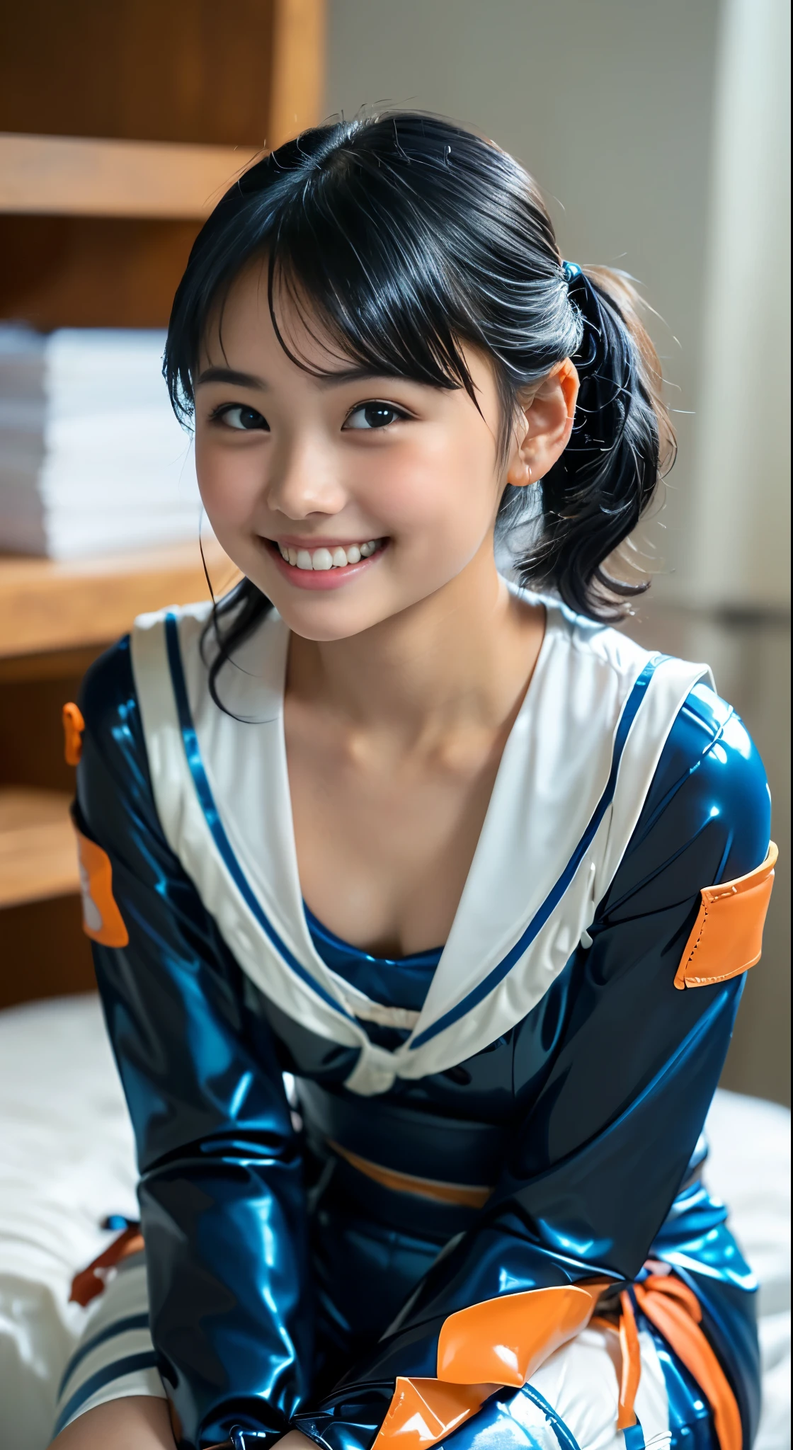 (8K、Raw photography、top-quality、masterpiece:1.2),(Open your legs wide),(A dark-haired、poneyTail、Curly hair:1.5),watching at viewers,Looking at the front,Erotic,de pele branca,(brightly colored plug suit:1.7)、(Clothing that emphasizes the shape of your chest、exposing the skin:1.5)、(Colossal tits:1.3)、absurderes,、超A high resolution,,ren,Beautiful fece,(One Person, 独奏、without background:1.6),fullllbody,hi-school girl,A Japanese Lady,is standing,(Photorealsitic:1.37)、Photon mapping,Realistic、(Cute little face: 1.8)、(Cute smile: 1.7)、(with round face: 1.8)、Radio City、Physically Based Rendering、Foreground、depth of field rally background、a picture,beauty legs, (Knees are visible,Thigh close-up:1.4),full body Esbian、Nogizaka Idol, Japanese ido、Colossal titsle body esbian、super definition、Sit on a desk and spread your legs