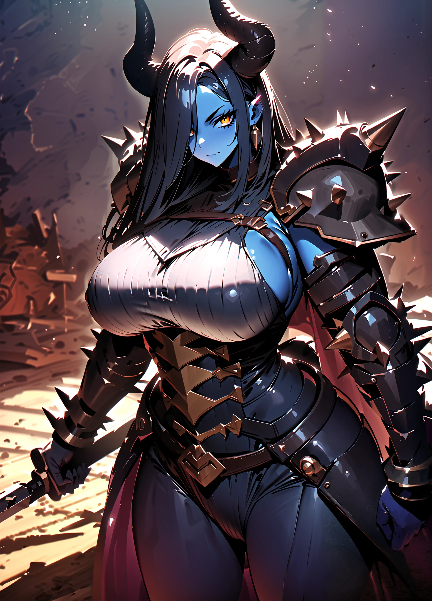 (masterpiece, best quality, high resolution, ((full body standing)), ((huge breasts)) 1 mature woman, sensual body, evil black fantasy paladin armor, skull mask covering her face, big sword with black spikes in the right hand, imposing posture.