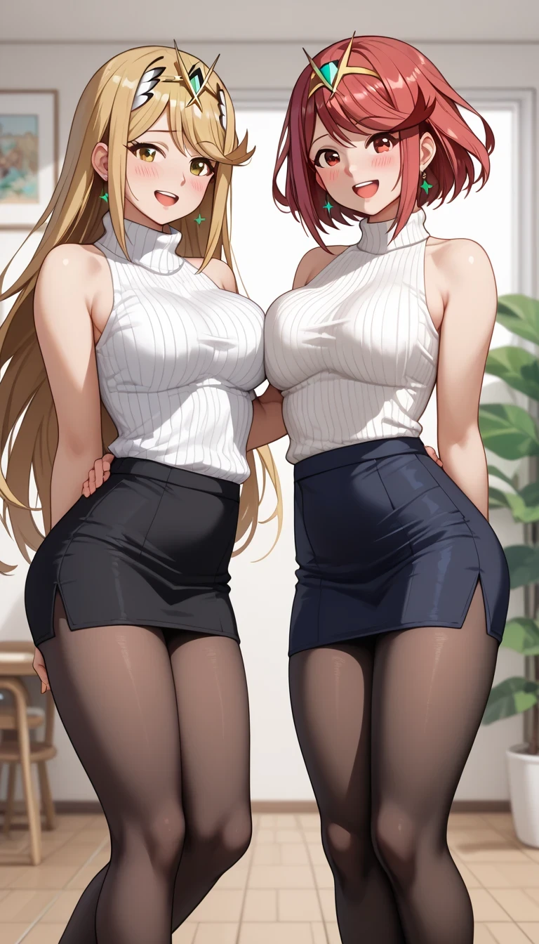two girls, a girl with long light yellow hair and green eyes, second girl long dark red hair blue eyes, with casual clothes
