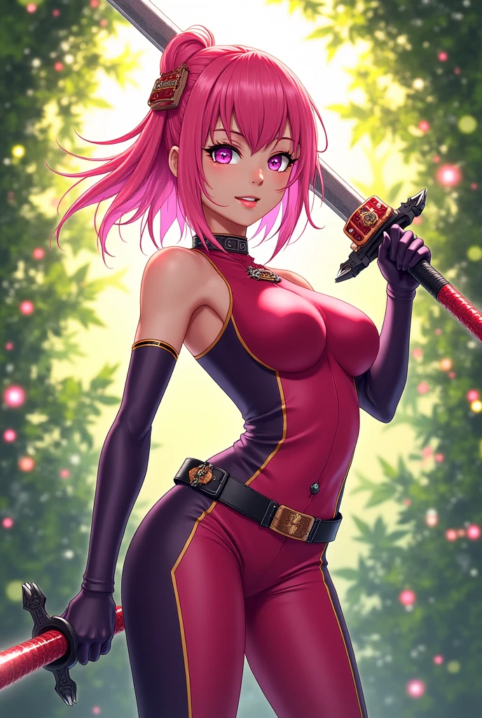 Sakura Haruno from anime Naruto in an elegant ruby corset leotard with a zipper