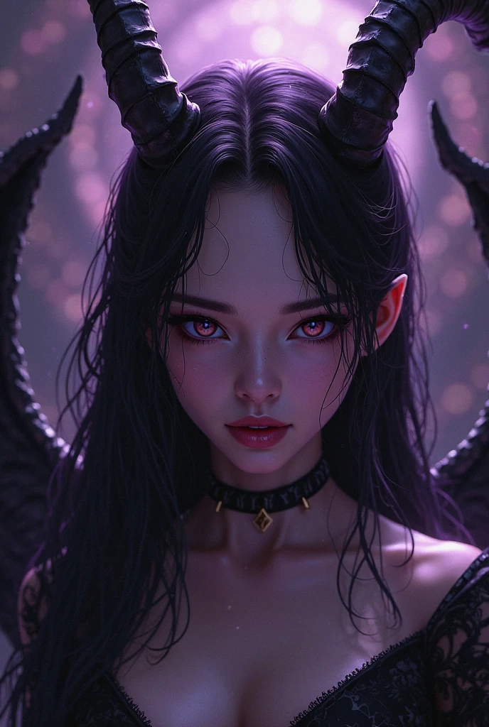 (masterpiece), (unrivalled quality:1.4), ultra-high resolution, [:velvet textures:0.2], hyperrealistic, dark fantasy portrait, 1 woman, adult (succubus:0.7) with a sly smirk, hypnotic ruby red eyes,her mouth wide open, raven-black hair cascading in waves, solo, detailed face, (cavernous underworld theme:1.1) (demonic wings:1.05), personified forbidden temptation, allure, power, darkness, succubus mythology symbolism, firelight, glow, rich purples and reds, symmetry, obsidian, foreboding cavern background, otherworldly infernal atmosphere, 