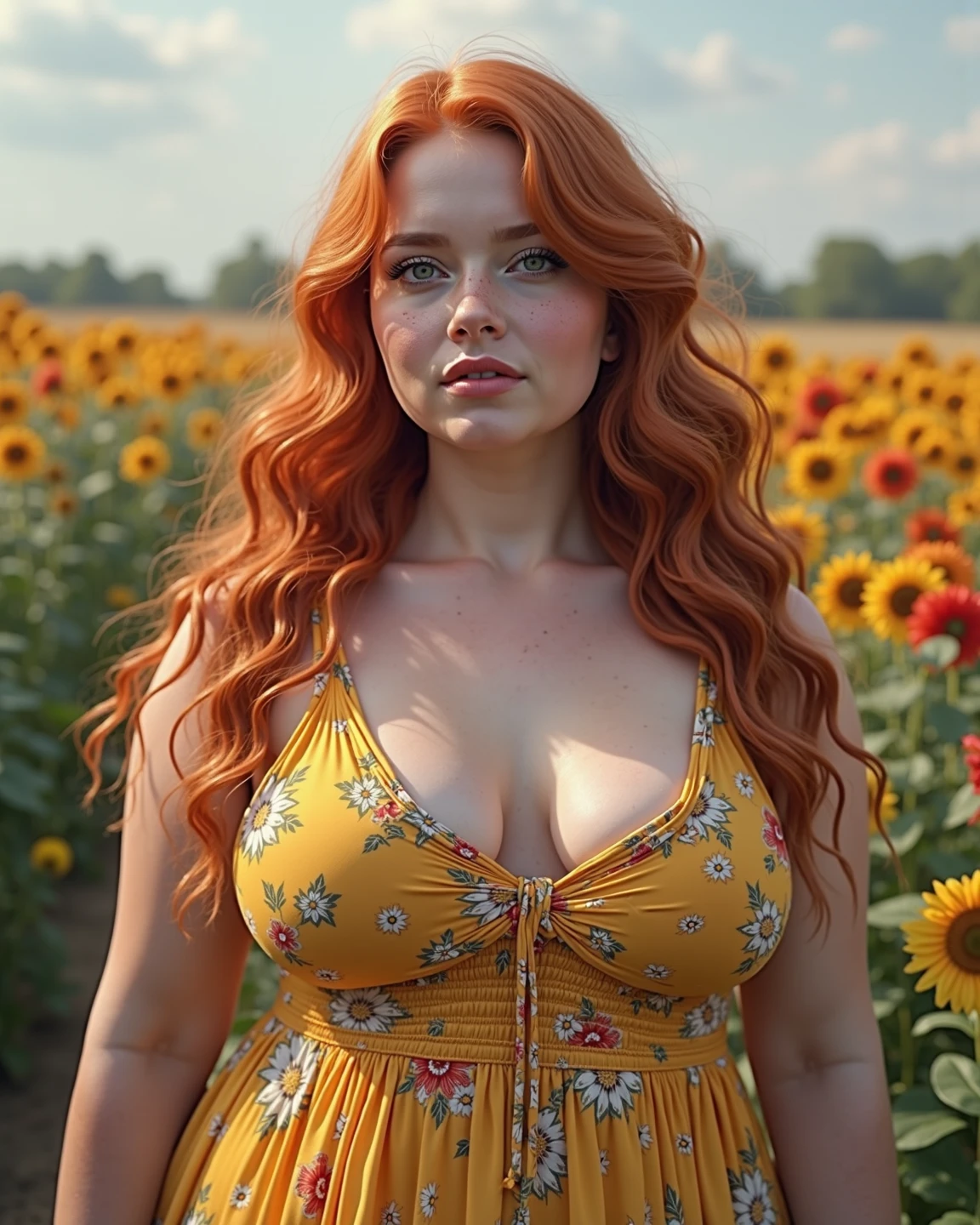 ((ultra detailed, masterpiece, absurdres))
1 very young girl, extreme big hanging big tits, freckles, frontal view, extreme white skin, light blue eyes, extreme orange bright hair, looking at viewer, portrait, in a corn field, long very curly hair, elf ears, urban accessoires, wild girl look, offering her tits to the viewer, dominant expression, accessories, short white summer dress, too small bra, autumn athmosphere, gold lightning,