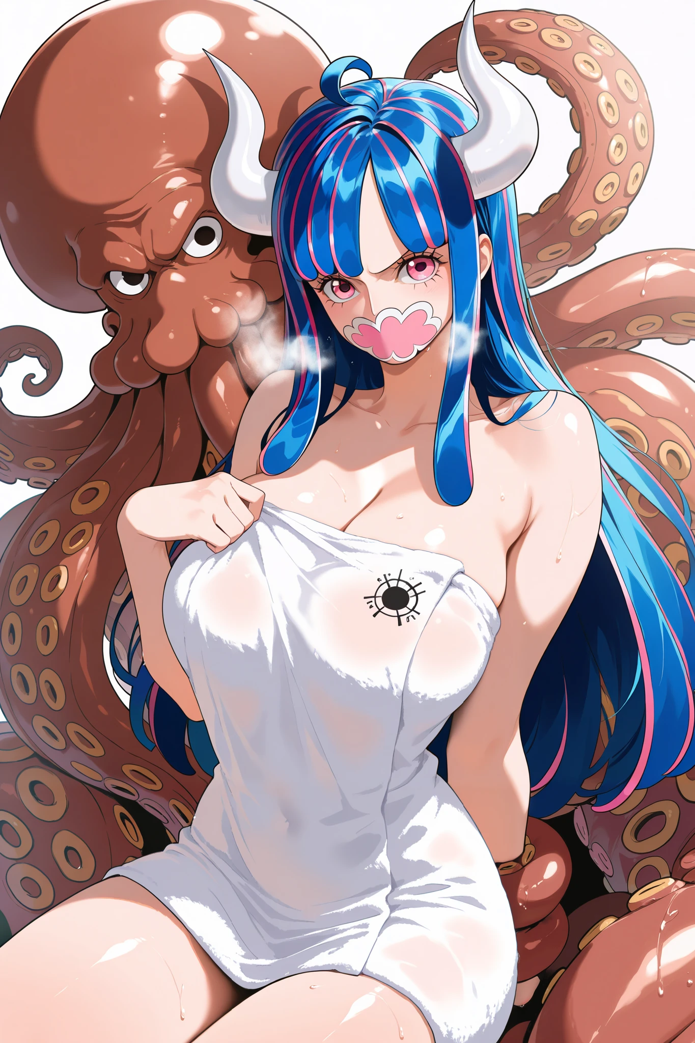 masterpiece, best quality, amazing quality, 1girl, (Ulti, one piece, pink eyes, blue hair, no mouth, white horn), white towel, very happy smile, medium shot, simple background, medium size , golden ratio face, lesbian, sexy pose, breathing effect, breathing heavily, onsen background, tentacles, rape, Giant Octopus,