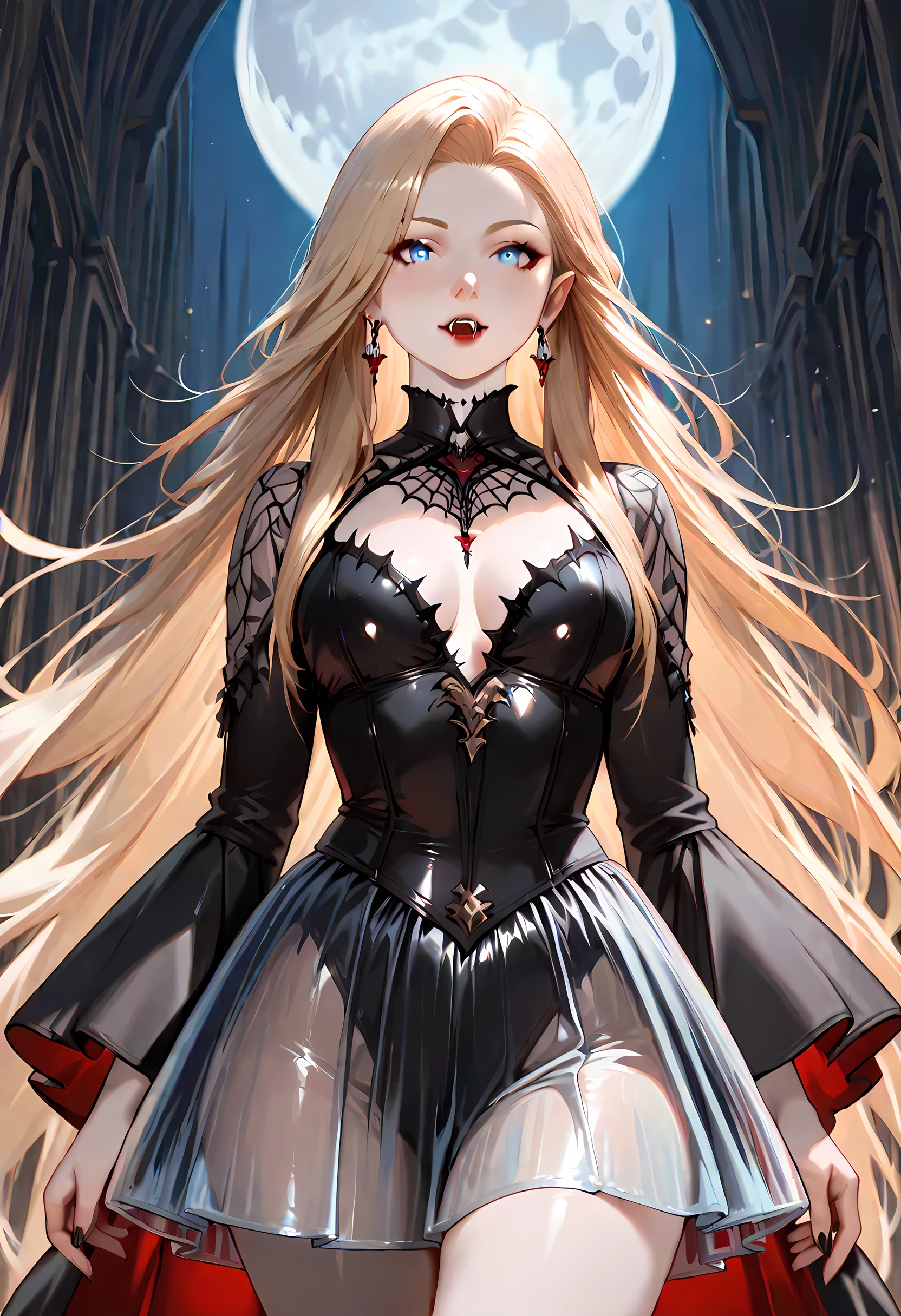 realistic, girl single, blonde, red eyes, glowing eyes, night, moon, sexy, sexy, vampire, off shoulder