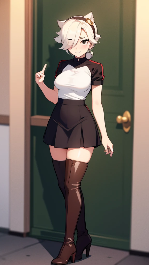 masterpiece, Highest quality:1.2),8K, 4K High Resolution, Very detailed, High-quality texture,High detail, High Quality Shadows, Beautiful and delicate down to the last detail, Beautiful and delicate eyes、One Woman, alone,Shiny skin、Very large breasts、very thick legs、Are standing、Composition from the front、smile、look forward to、Black Hair、Stand up straight,Looking into the camera、Draw a face、Golden Eyes、short hair、Written boundary depth、Shiny black tight skirt、Sleeveless white business shirt、Wrap a belt around your waist、Please show me your armpits、Armpit-exposing positions、Gold Necklace、black tights、See-through clothing、Wear outerwear、