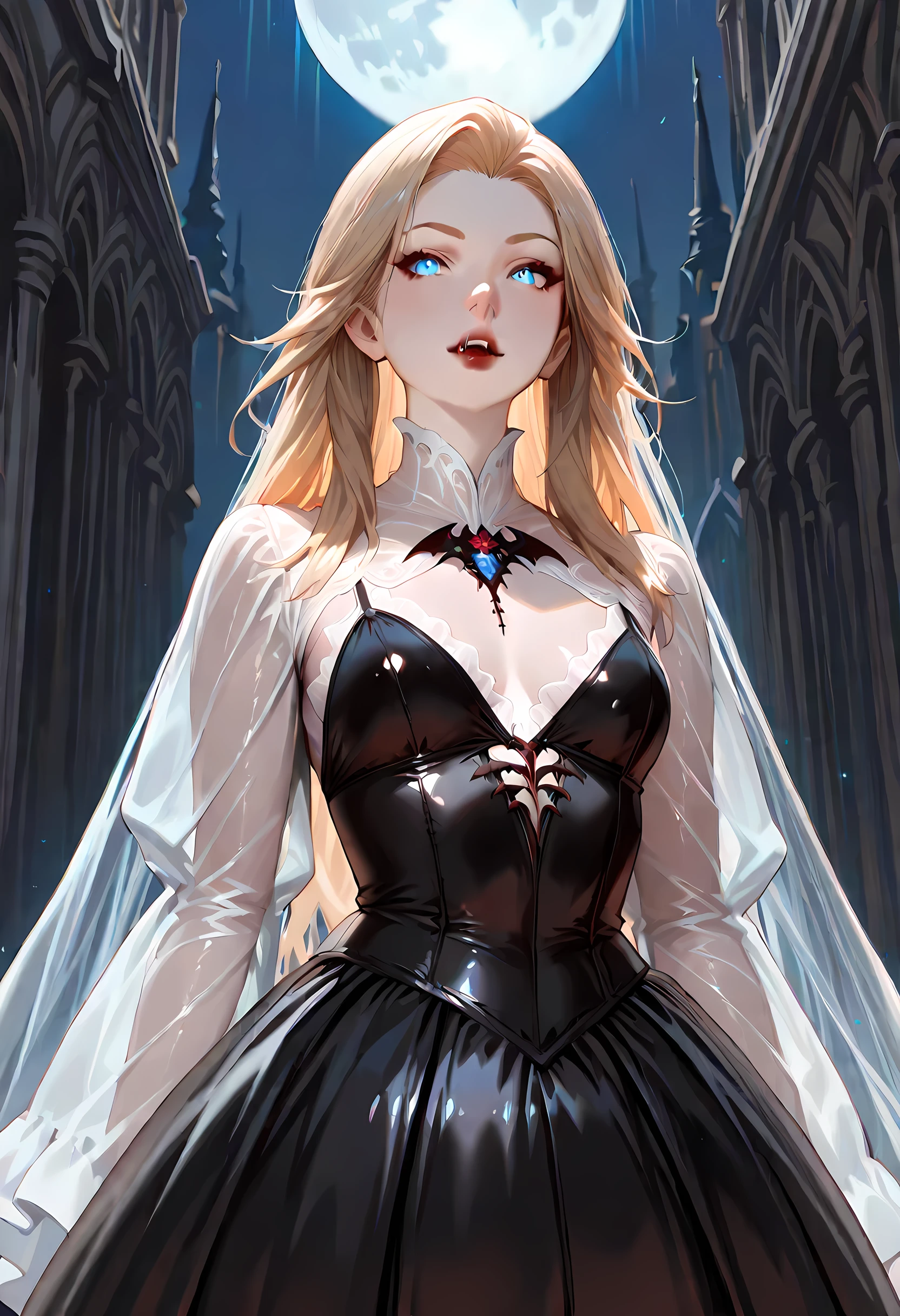 dark fantasy art, a picture of a fantasy, a beautiful female vampire, best detailed face,  pale skin, blond hair, glowing eyes, blue eyes, dark red lips, fangs, wearing black dress, (transparent voile fabric dress: 1.3), goth dress, small cleavage, intricate dress, it is night time, the moon is in the sky, a sense of dread, soft light. moon rays. high details, best quality, 16k, [ultra detailed], masterpiece, best quality, (extremely detailed), close up, ultra wide shot, photorealistic, RAW, fantasy art, dnd art, fantasy art, realistic art,((best quality)), ((masterpiece)), (detailed), perfect face, fantasy, Vampire Dress, goth person