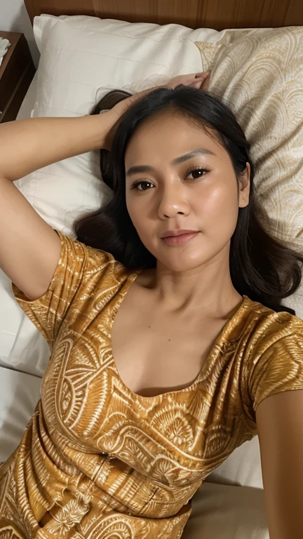 indonesian woman,((40 years old)), beautiful face, tan skin, wearing house dress, short leggings, big hips, soft smile, sweet face, lying on bed, lie down, seen from above, hiss expretion