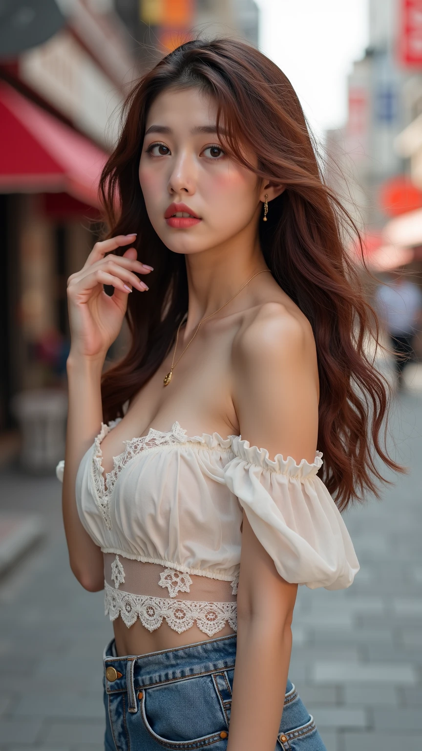 Dark brown hair、Light brown eyes、Japanese actress、 Lady、I am about 40 years old...........、(Intricate details:1.2)、 (Ultra-high resolution:1.2)、Ultra-high resolution、(Finely tuned)、(Detailed facial features)、Hmph、8K resolution、D cup size breasts、Long Hair、white TulleTop、FrillsTop、Tulle Frills Top、Denim pants、Basking in the sunshine、summer、hot、Trending Fashion、2024、Open your chin a little、Open your mouth a little、A fashionable street in Paris、Holding back my hair blowing in the wind、Windblown Hair、nud