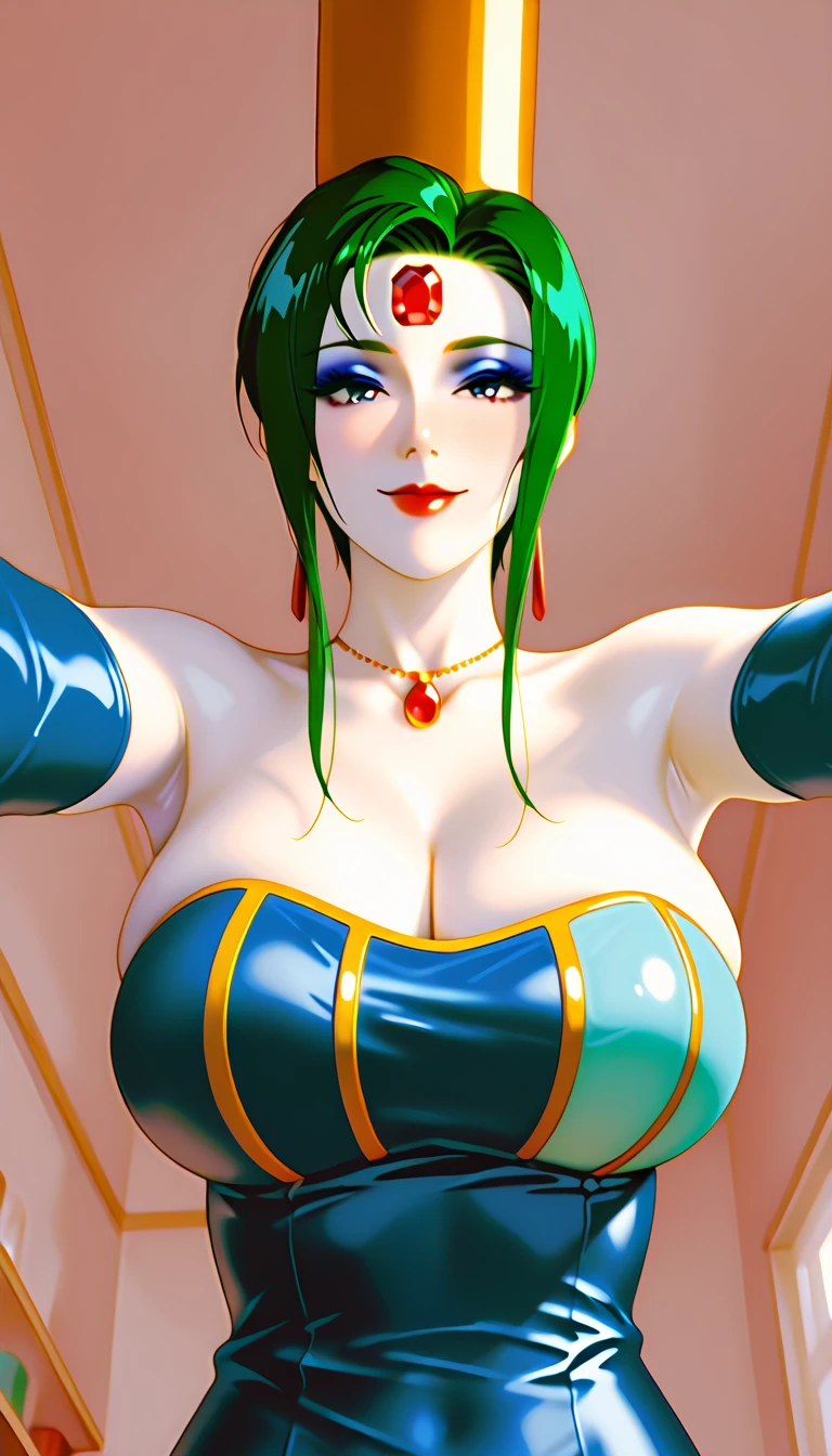 (masterpiece,best quality,ultra-delicate,Perfect Face,16k,high resolution,very beautiful woman), Atsugessho:1.3,deep green hair,blue latex bodycon dress, long latex gloves, green tights, (huge breasts), gold headpiece, pale blue skin, red gem on forehead, pink mist, ((cosmetics counter)), holding large red ball on rope, necklace, smirk, (extremely glossy)