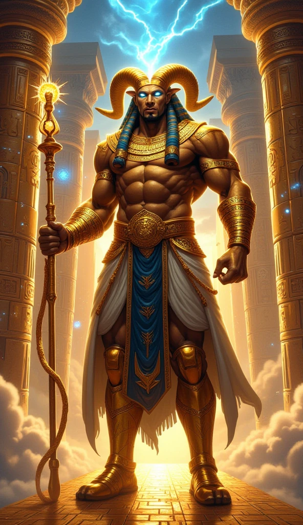 Amun is a colossal titan, radiating divine and majestic power. His muscular and imposing body reflects his position as one of the supreme gods of the Egyptian pantheon. His skin has a metallic golden tone, shining as if forged from the sun itself, emanating an aura of grandeur and authority. In place of a head, he has the head of a ram with long, curved horns, ornamented with divine inscriptions that shine in blue and gold. His eyes have no pupils, only an intense white glow, conveying his celestial and unfathomable essence. He wears a royal Egyptian robe, deep blue, with golden embroidery that forms sacred patterns. On his chest, a solid gold breastplate gleams in the light, and on his powerful arms, divine bracelets radiate a mystical energy. His posture is proud, domineering, like a true king of the gods.  In his right hand, he holds an immense golden staff, with luminous inscriptions running across its surface, while its tip glows with a blue energy, symbolizing his supreme authority. In his left hand, a sphere of golden light floats, pulsating like a star, representing his mastery over creative power.

The environment around him is heavenly, a colossal temple suspended among the clouds, bathed in rays of golden light. The floor is made of solid gold plates, reflecting its majesty. In the background, immense columns adorned with divine hieroglyphs rise up to the heavens, while a brilliant blue mist flows through the air. Divine winds blow gently, carrying golden particles, and the distant sound of chanting reverberates through the environment, as if the universe itself acknowledges his absolute presence.