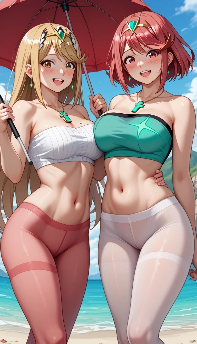 score_9, score_8_up, score_7_up, source_anime、top quality、8k、 masterpiece、ultra high definition、 natural light、perfect anatomy、 perfect eye、beautiful eyes、((((two women))))、medium chest、saggy breasts:1.2、mythra, mythra has blonde very long hair, Pyra , Pyra has red short bob hair, (pink bandeau top、crop top、belly button、Pink Miniskirt、pantyhose)、((is embarrassing:1.2、happy))、 holding a parasol 、 stand and pose