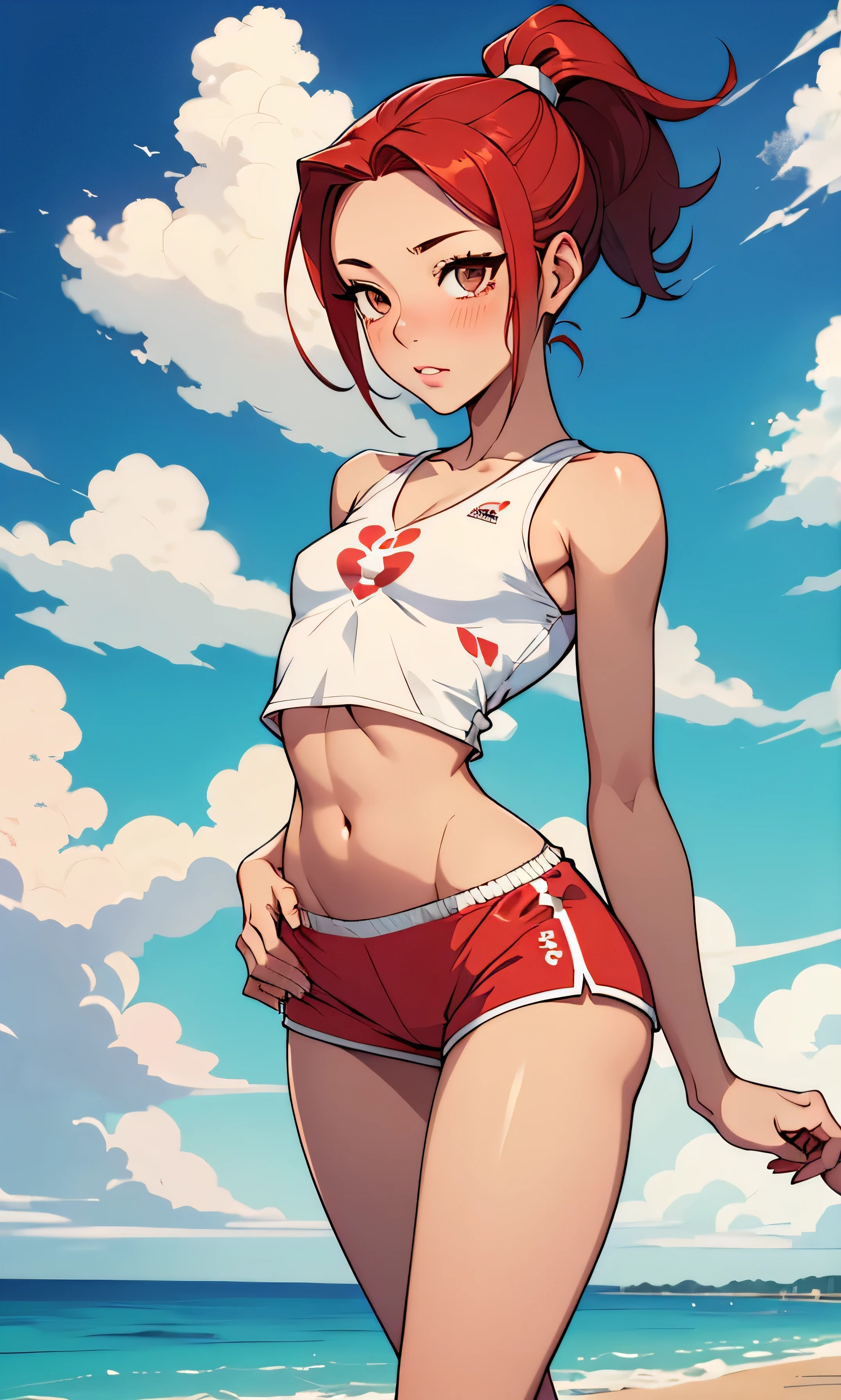 Masterpiece, high facial detail, a beautiful girl, asian, Shin Yuna, red hair, ponytail hair, brown eyes, blushing, half body, thin and tall, skinny girl, flat chest, abdomen, textured skin, nice legs, pose sexy, white top, red shorts, head on, detail on hands, sexy pose, beach, clouds,