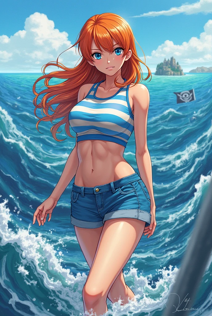 anime girl in a blue and white swimsuit walking on the beach, painted in anime painter studio, made with anime painter studio, terno asuka sob a roupa!, Asuka Langley sohryu, na praia, Asuka Langley soryu, estilo de arte de anime, na praia, Asuka Langley souryuu, Asuka Langley, realistic estilo de arte de anime
