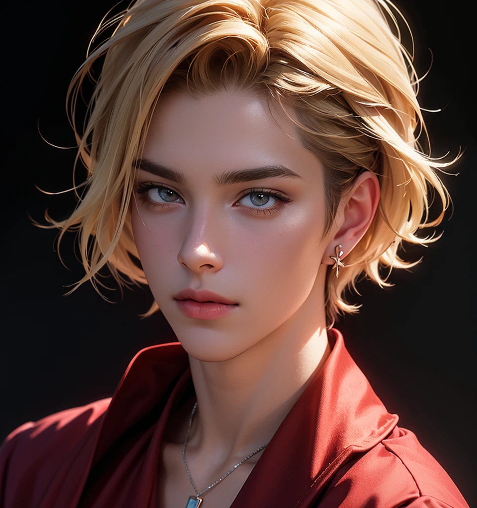 arafied image of a woman with very short blonde hair, portrait of cloud strife, Final Fantasyのキャラクター, Final Fantasyの顔, cloud strife, Final Fantasyより, Final Fantasyより vii, From FF7, FF7, cloud, cloud hair, square Enix, Final Fantasy風, Final Fantasy7, high-detail iconic characters, square Enix cinematic art, Final Fantasy、zendangle art background、