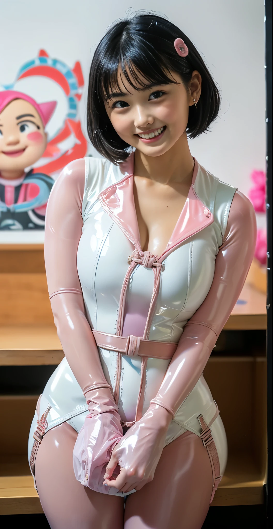 (8k、Raw photography、Highest quality、masterpiece:1.2),(Black Hair、Dark Eyes:1.9),(Pink and white plug suit:1.6)、View your audience,Front view,White skin,(Very short hair:1.9)、(Twin tails:1.3)、(Tight waist:1.6)、(Clothes that accentuate the shape of the breasts:1.0)、(Big Breasts :1.3)、Slim figure、Ultra-high resolution,beautiful,beautiful fece,(One person、No background:1.9),whole bodyボディー,Japanese women,(reality的:1.37)、Photon Mapping,reality、(Baby-faced and cute: 1.4)、(Cute Smile: 1.8)、(Round face: 1.8)、Radio City、Physically Based Rendering、Depth of field rally background、photograph, (I can see your knees、Thigh close-up:1.8),(:1.6),whole body、Great quality