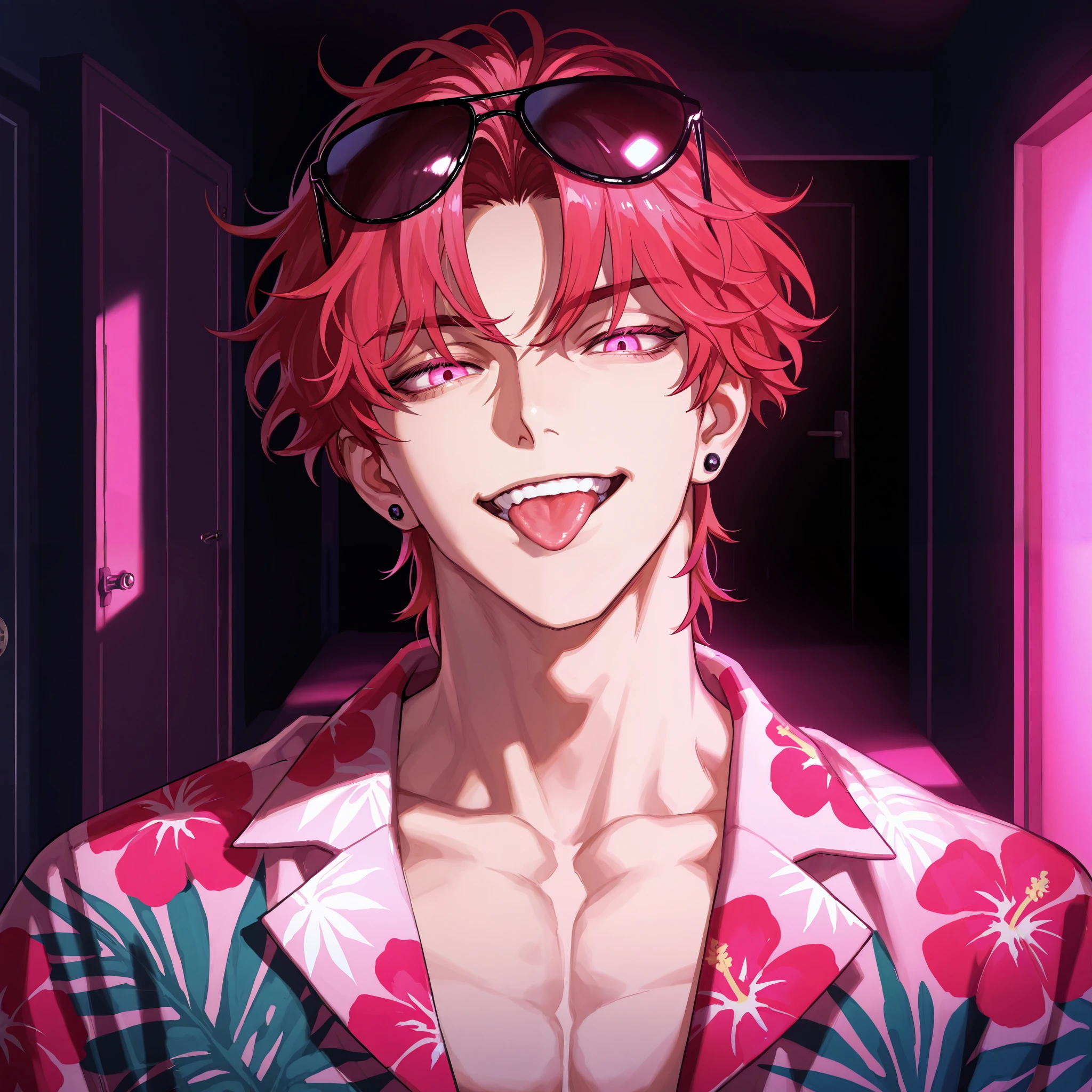 1 boy, very handsome, short hair, wavy red hair, bangs, middle part hair, glowing pink eyes, eyelashes, black earrings, sunglasses on hair, Hawaiian shirt, door behind with pink lighting, dark room, shadow, detailed, smiling, teeth, tongue out, full face, head tilt slightly, muscular neck, front view, masterpiece