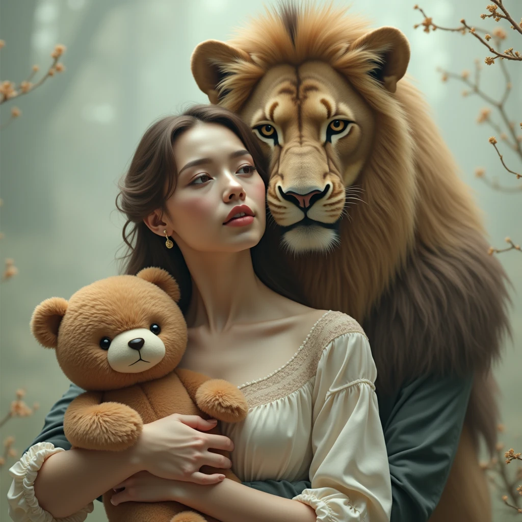 fait moi une femme avec un ourse en peluche dans les main avec un homme et une tête de lion